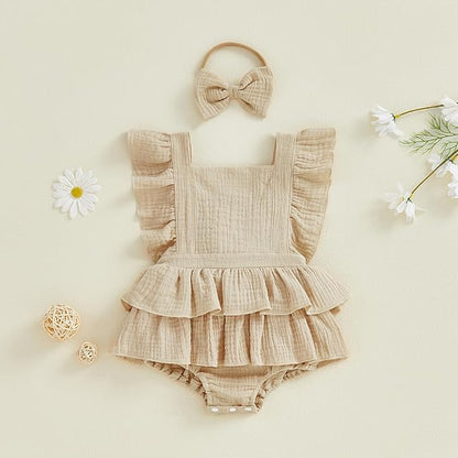 Thorn Tree Baby Girl Summer Clothes Newborn Outfit Ruffle Romper Infant Baby Dress Bow Headband Solid Cute Outfits Girls