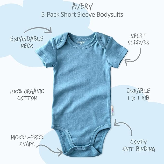 Avery 5-Pack Short Sleeve Bodysuits 100% Organic Cotton for Baby Boys & Girls