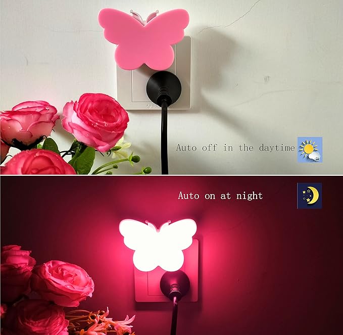 2pcs Butterfly LED Plug in Night Light for Kids, Night Light Lamp Plug into Wall with Smart Dusk to Dawn Sensor, Idea for Baby Room, Bedroom, Bathroom, Hallway, Stairs, Kitchen(Pink Light)