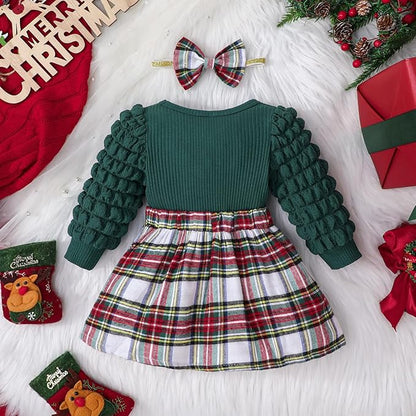 Toddler Baby Girl Plaid Dress Puff Sleeve Bow Patchwork Ribbed Shirts Dress Plaid Fall Winter Outfits with Headband