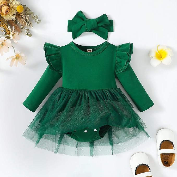 Baby Girl Clothes Infant Ruffle Sleeve Romper Dress Newborn Solid Tutu Skirt Sets Jumpsuit Headband Outfit
