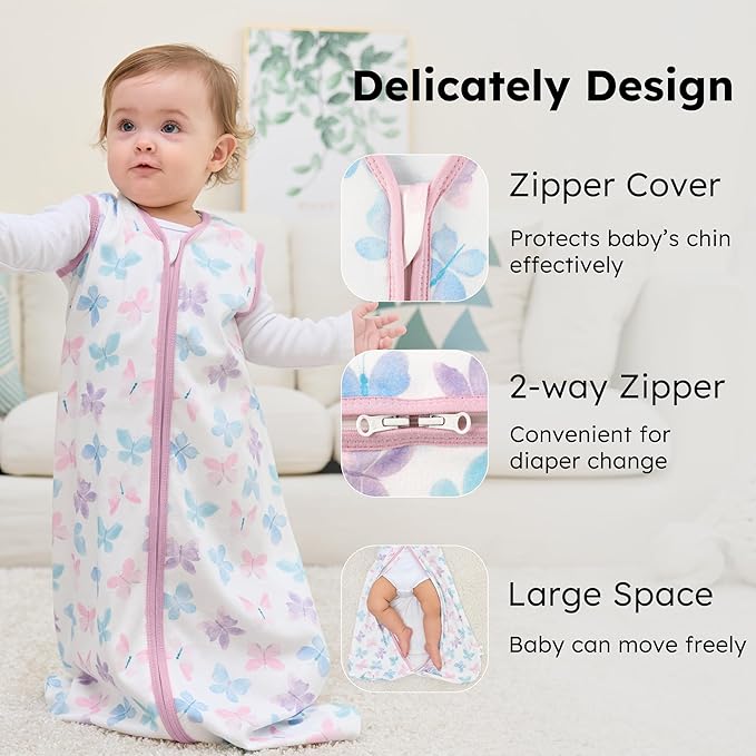 Baby Sleep Sack 18-24 months, 100% Cotton Sleeping Sack for Toddler, 3 Pack Baby Wearable Blanket, 0.5 Tog Lightweight Double Zipper Sleep Bag XLarge Pink Butterfly Flower