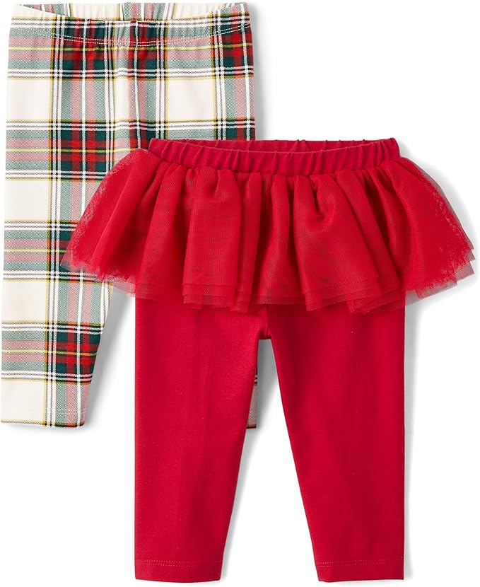 The Children's Place,Baby Girls,and Newborn Knit Pull On Pants,Red Tutu/White Plaid 2-Pack,18 Months,24 Months