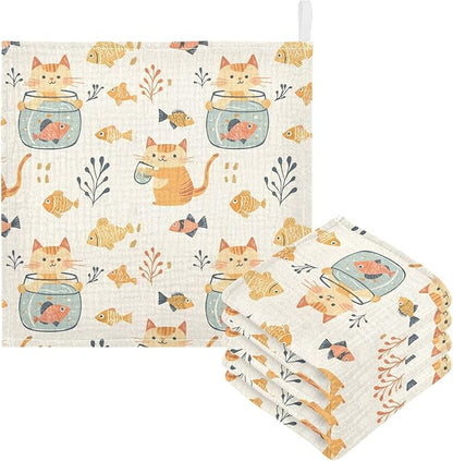 vvfelixl Baby Muslin Washcloths Cat Watch Fish Tank Baby Burp Cloths Cotton Babys Face Towel for Newborn Infants Boys Girls Soft and Absorbent 11.8 X 11.8 in, 3 Pack