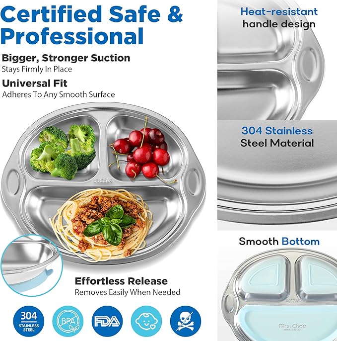Mrs. Chou® Stainless Steel Baby Suction Plates: Divided Plates for Babies & Toddlers, BPA-Free, Dishwasher Safe, Red