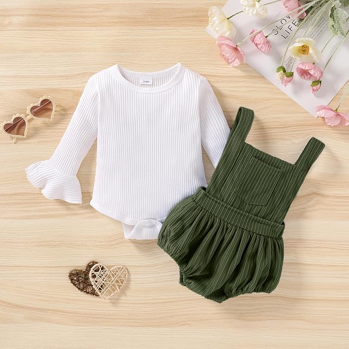 Tiny Cutey Newborn Baby Girl Clothes Bell Sleeve Romper and Corduroy Overalls Shorts Infant Girl Fall Outfits