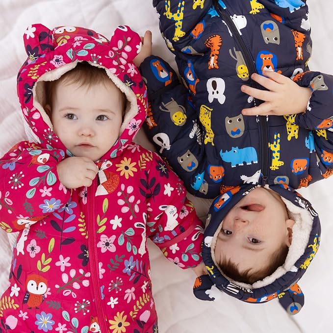 JiAmy Baby Snowsuit Baby Printed Winter Clothes With Flod-Over Girl Boy Hooded Outfits Jumpsuit Coat