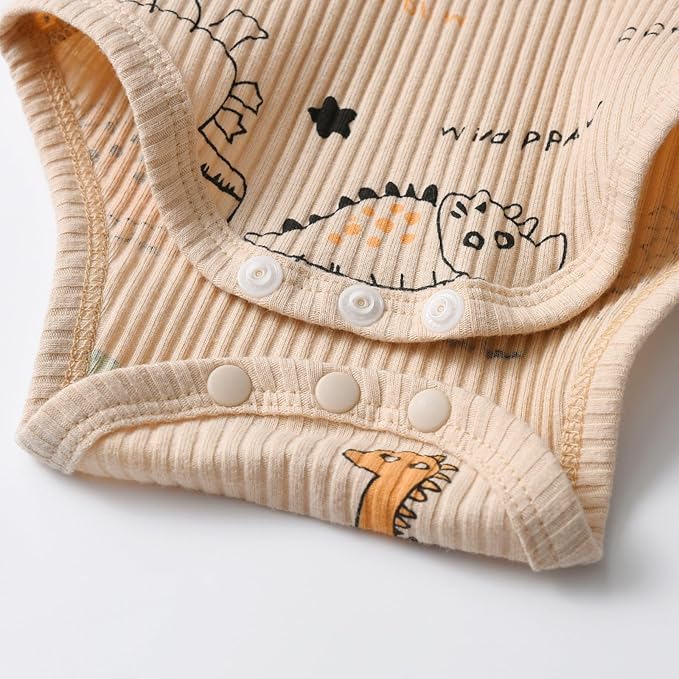 Kulcerry Newborn Baby Boy Clothes Infant Boys Long Sleeve Ribbed Dinosaur Print Bodysuit + Pants + Hat