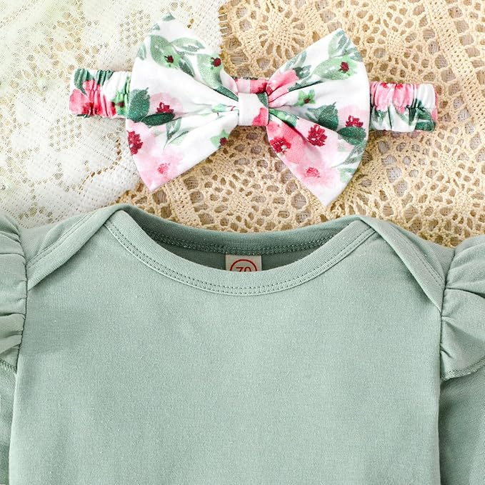 GDTOGRT Newborn Baby Girl Clothes Outfit Set Sweet Ruffle Romper, Pants and Headband 0 3 6 9 12 18 Months Infant Clothing