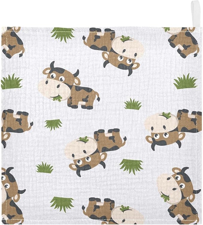vvfelixl Cotton Brown Cow Grass Muslin Washcloths - Soft Baby Face Towel for Newborns, 11.8 X 11.8 Inch, 3 Pack