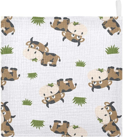 vvfelixl Cotton Brown Cow Grass Muslin Washcloths - Soft Baby Face Towel for Newborns, 11.8 X 11.8 Inch, 3 Pack