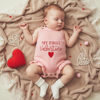Infant My First Valentines Baby Girl Outfit Newborn Button Heart Embroidery Knit Romper Bubble Bodysuit One Piece