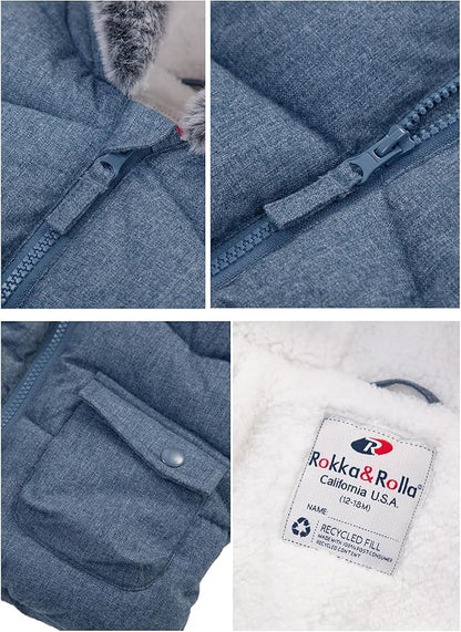 Rokka&Rolla Baby Boys' Sherpa Lined Puffer Jacket Warm Winter Coat with Mini Fur Trim Hood for Newborn Infants Toddler