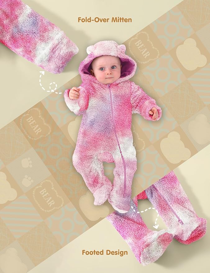 Jimonda Baby Tie Dye Snowsuit Winter Fleece Jumpsuit 0-18 Months, 100% Polyester Hooded Romper with Bear Ears for Infant