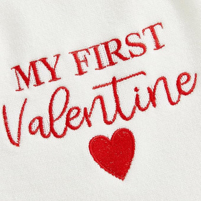 Infant My First Valentines Baby Girl Outfit Newborn Button Heart Embroidery Knit Romper Bubble Bodysuit One Piece