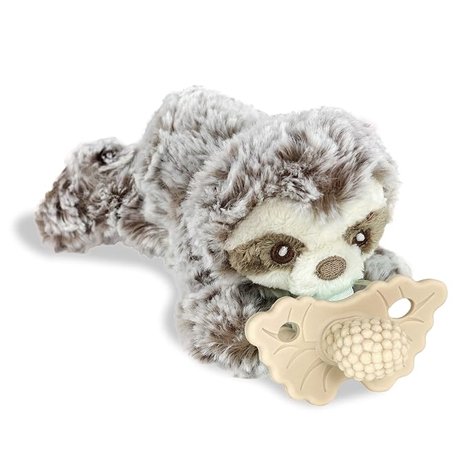 RaZbaby Sloth RaZbuddy w/RaZberry Teething Relief Pacifier – Soothes Sore Gums w/Nature-Inspired Texture, 100% BPA-Free Silicone Teether, Detachable Stuffed Animal – 3 Months+ Teether, Tan