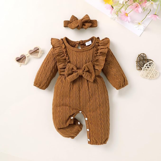Happy Town Baby Girl Romper Infant Fall Winter Clothes Ruffle Sweater Long Sleeve Bodysuit Jumpsuit and Headband