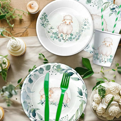 Sheep Baby Shower Decorations Tableware - Farm Animal Lamb Sheep Birthday Party Supplies, Plate, Cup, Napkin, Disposable Cutlery, Lamb Baby Shower Decorations And Supplies | Serve 24