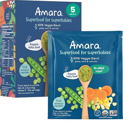 Amara Organic Baby Food - Stage 2 - Peas, Corn & Carrots - Baby Cereal to Mix With Breastmilk, Water or Baby Formula - Shelf Stable Baby Food With 100% Organic Veggies - 5 Pouches, 3.5oz Per Serving