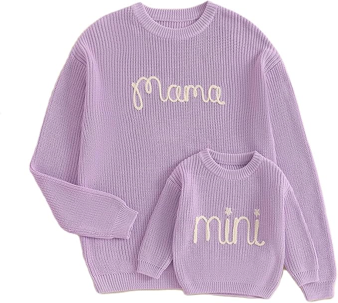 Mommy and Me Sweater Matching Family Outfit Long Sleeve Knit Sweater Pullover Mom and Baby Clothes