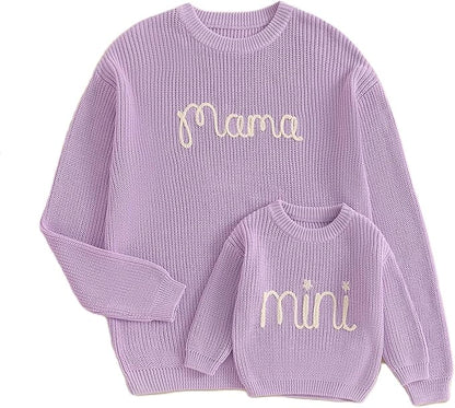 Mommy and Me Sweater Matching Family Outfit Long Sleeve Knit Sweater Pullover Mom and Baby Clothes