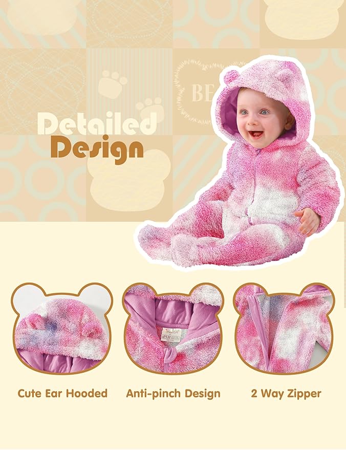Jimonda Baby Tie Dye Snowsuit Winter Fleece Jumpsuit 0-18 Months, 100% Polyester Hooded Romper with Bear Ears for Infant
