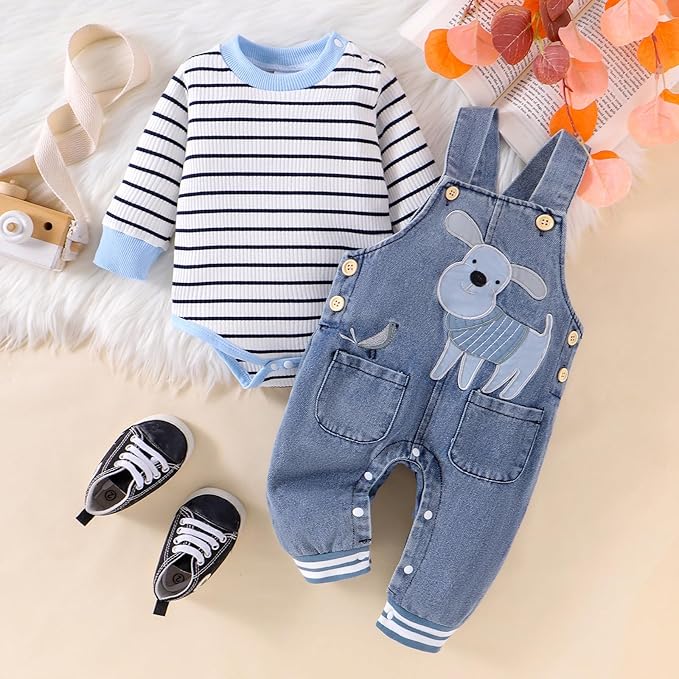 Baby Boy Clothes Fall Winter Outfits Long Sleeve Striped Romper Cute Cartoon Jeans Overalls Pants Set 0-18 Months