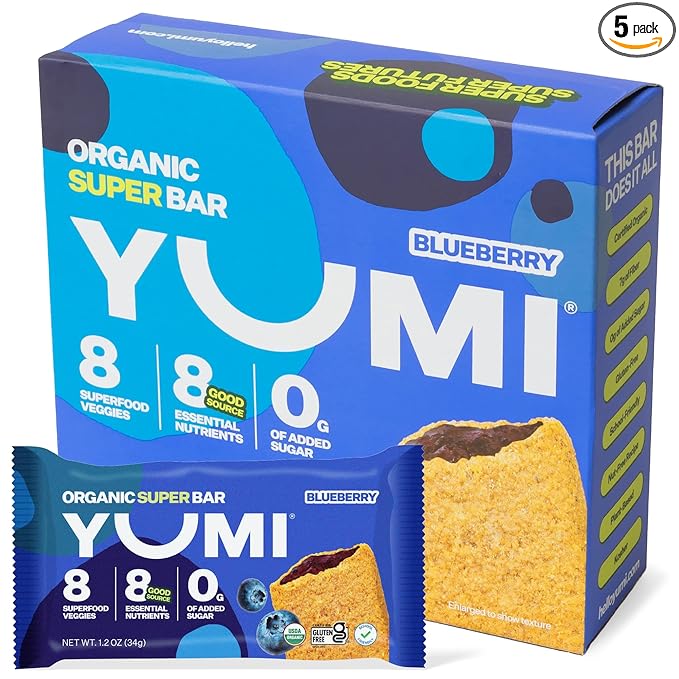 YUMI Organic Breakfast Superbar, Gluten-Free, No Added Sugar, 7+ Vegetables, Soft-Baked Crust, Healthy Snack Bars for Kids, School Safe, Healthy Alternative to Granola Bars or Cereal Bars, Blueberry (30ct)