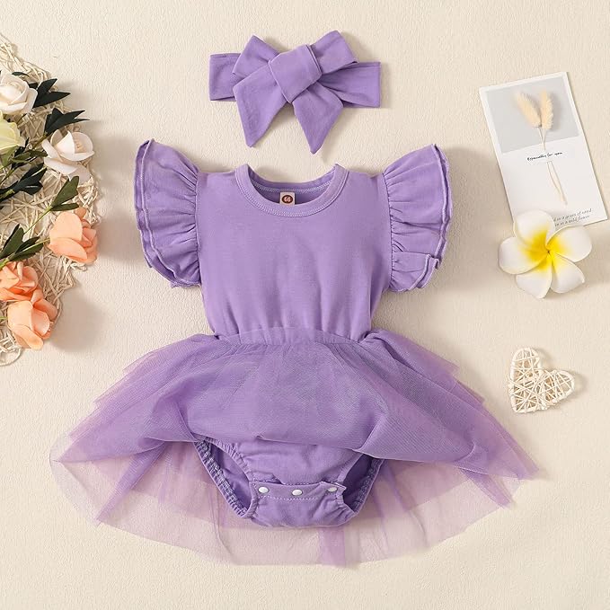 Baby Girl Clothes Infant Ruffle Sleeve Romper Dress Newborn Solid Tutu Skirt Sets Jumpsuit Headband Outfit