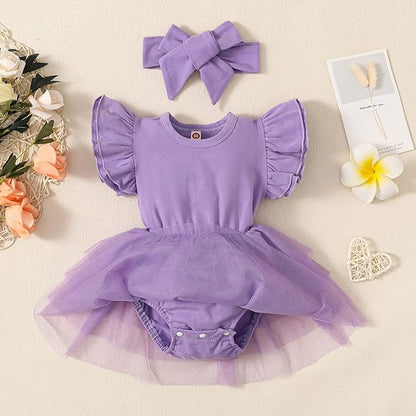 Baby Girl Clothes Infant Ruffle Sleeve Romper Dress Newborn Solid Tutu Skirt Sets Jumpsuit Headband Outfit
