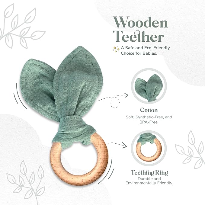 Mikito Organic Cotton Newborn Gift Box, Unisex Baby Gifts Including Muslin Lovey Comforter, Bandana Bib, Wooden Teether & Birth Announcement Sign