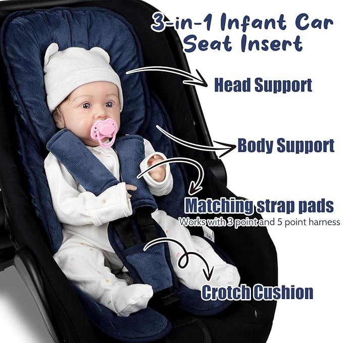 2 in 1 Infant Car Seat Insert Head and Body Support Set, Reversible Newborn Insert for Carseat with 3 Extra Strap Paddings, Soft Stroller Cushion Pillow Insert Girls, Fits for Stroller, Swing, Blue