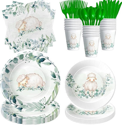 Sheep Baby Shower Decorations Tableware - Farm Animal Lamb Sheep Birthday Party Supplies, Plate, Cup, Napkin, Disposable Cutlery, Lamb Baby Shower Decorations And Supplies | Serve 24