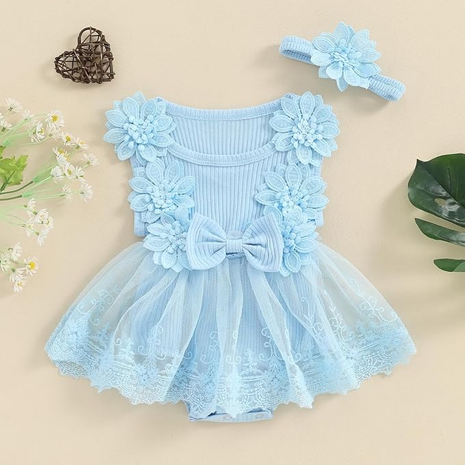 Infant Baby Girl Lace Romper Baby Tulle Dress Romper Flowers Bodysuit Spring Summer Festival Clothes with Headband