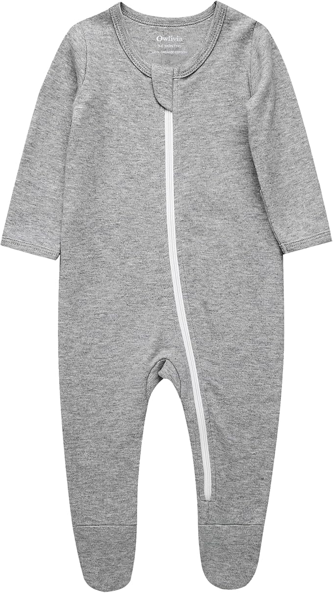 Owlivia Organic Cotton Baby Pajamas, Boys Girls 3-Pack Zip Front Sleep 'N Play, Footed Sleeper, Long Sleeve