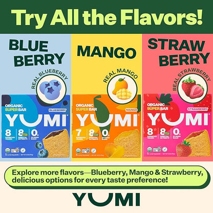 YUMI Organic Breakfast Superbar, Gluten-Free, No Added Sugar, 7+ Vegetables, Soft-Baked Crust, Healthy Snack Bars for Kids, School Safe, Healthy Alternative to Granola Bars or Cereal Bars, Blueberry (30ct)