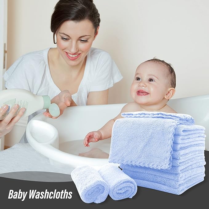 Sunny zzzZZ Ultra Soft 24 Pack Baby Washcloths - 10x10 Inches - Coral Fleece Extra Absorbent Wash Clothes for Babies, Infants and Toddlers - Sensitive Skin and Newborn - Ideal Baby - Sky Blue