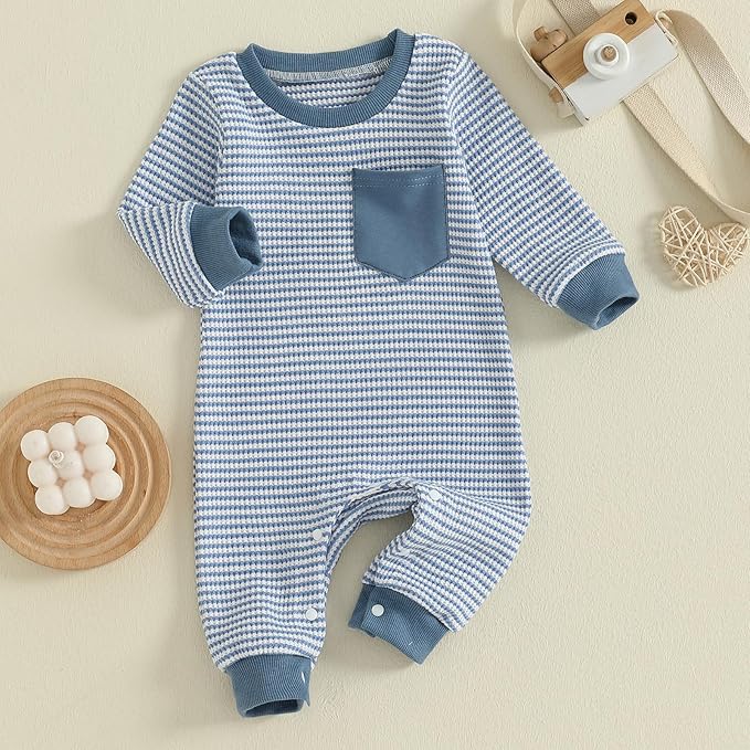 VISGOGO Newborn Infant Baby Boy Waffle Cotton Romper Clothes Onesie Stripe Jumpsuit 0 3 6 12 18 Months Long Sleeve Outfits