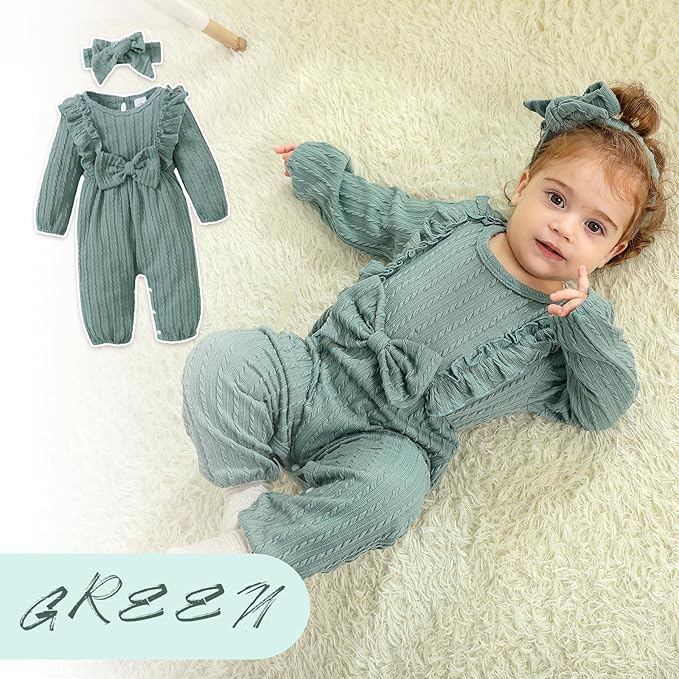 Happy Town Baby Girl Romper Infant Fall Winter Clothes Ruffle Sweater Long Sleeve Bodysuit Jumpsuit and Headband