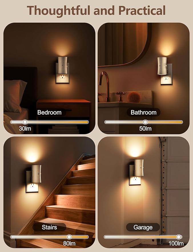 Night Light, LED Night Lights Plug into Wall, [2 Pack] Warm White 3000K, 0-100LM Adjustable Brightness Light Sensor Nightlights Plug in Wall for Hallway, Bathroom, Adults, Neutral Beige