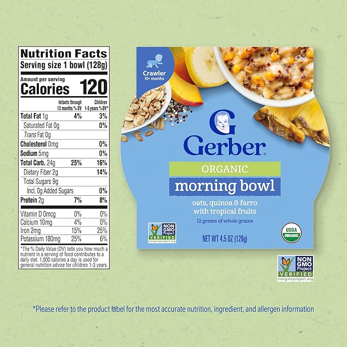 Gerber Stage 3 Baby Food, Organic Morning Bowl, Oats Quinoa & Farro, Baby Oatmeal, 8PK