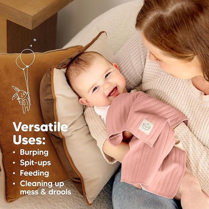 KeaBabies Organic Cotton Burp Cloths Baby Girl, Boy - 6-Pack Large Burping Clothes for Babies, Spit Up Rags, Super Soft & Absorbent Newborn Wash Towels, Gender Neutral, Non-Shrink (Stria, Mauve)