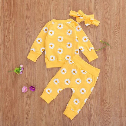 3Pcs Baby Girl Outfits Daisy Sweatshirt + Pants + Headband Infant Fall Winter Clothes