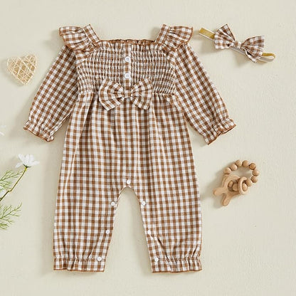 Newborn Infant Smocked Baby Girl Clothes Plaid Bubble Romper Long Leg Bodysuit Bow One-Piece Jumpsuit
