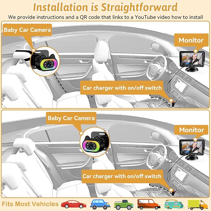 Baby Car Camera 2-Pack – HD 1080P, 150° Wide Angle, Night Vision, Adjustable LED Light, Easy Installation, Infant Safety, Rear Seat Monitoring for Car Travel