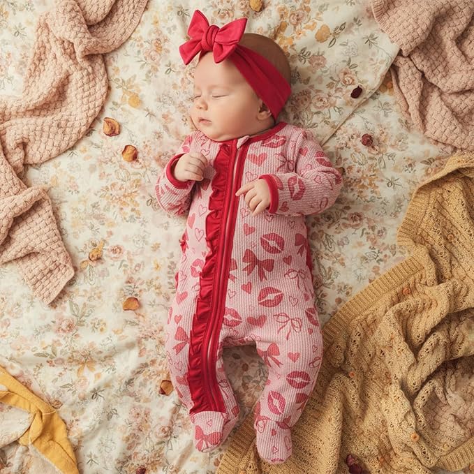 Newborn Baby Girl Valentines Day Outfit Ruffles Bow Footie Long Sleeve Romper Jumpsuit Bodysuit Overalls Fall Clothes