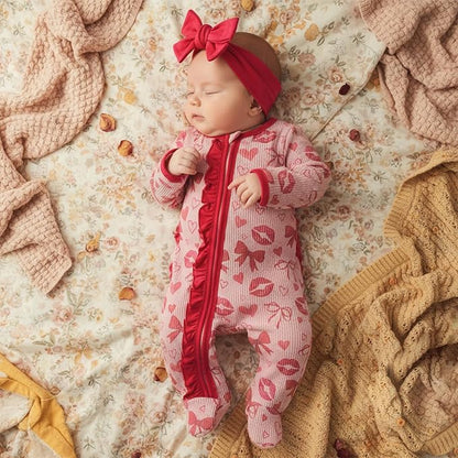 Newborn Baby Girl Valentines Day Outfit Ruffles Bow Footie Long Sleeve Romper Jumpsuit Bodysuit Overalls Fall Clothes