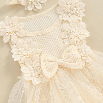Infant Baby Girl Lace Romper Baby Tulle Dress Romper Flowers Bodysuit Spring Summer Festival Clothes with Headband