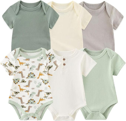 Baby Bodysuit 6 Pack Soft Mixed Ribbed Short Sleeve Romper Infant Boy Girl Clothes Set