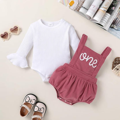 Tiny Cutey Newborn Baby Girl Clothes Bell Sleeve Romper and Corduroy Overalls Shorts Infant Girl Fall Outfits